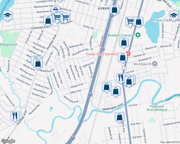 map of restaurants, bars, coffee shops, grocery stores, and more near 26 Malden Street in Cranston