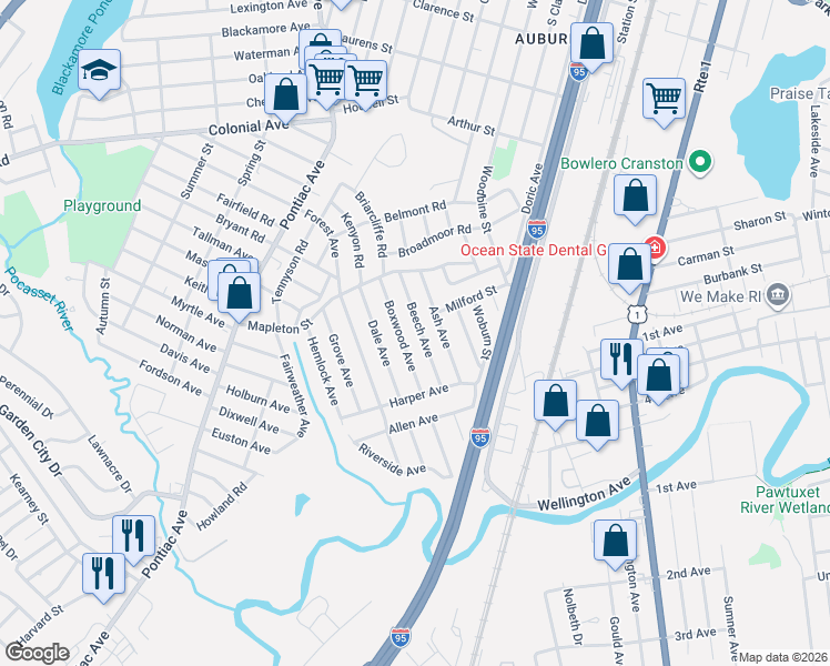 map of restaurants, bars, coffee shops, grocery stores, and more near 43 Boxwood Avenue in Cranston