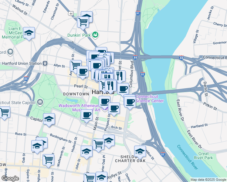 map of restaurants, bars, coffee shops, grocery stores, and more near 800 Main Street in Hartford