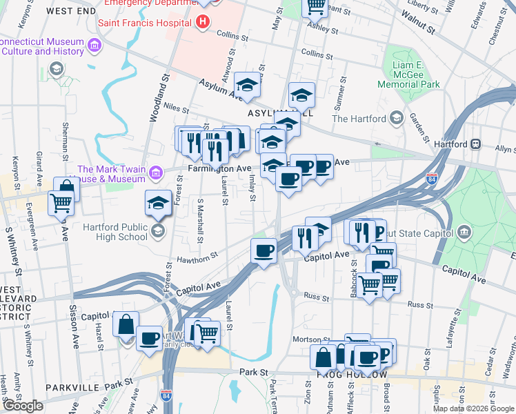 map of restaurants, bars, coffee shops, grocery stores, and more near 42 Imlay Street in Hartford