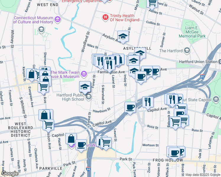 map of restaurants, bars, coffee shops, grocery stores, and more near 255 Laurel Street in Hartford