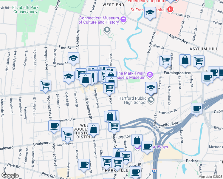 map of restaurants, bars, coffee shops, grocery stores, and more near 21 Denison Street in Hartford