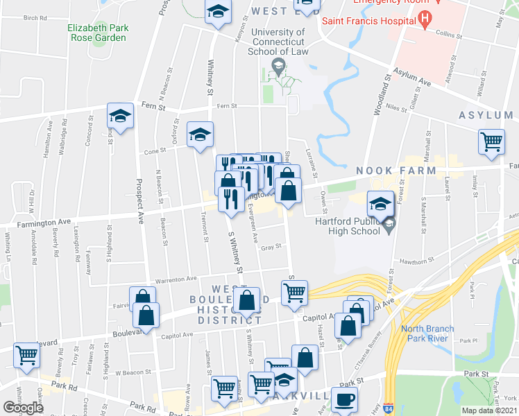 map of restaurants, bars, coffee shops, grocery stores, and more near 9 Evergreen Avenue in Hartford