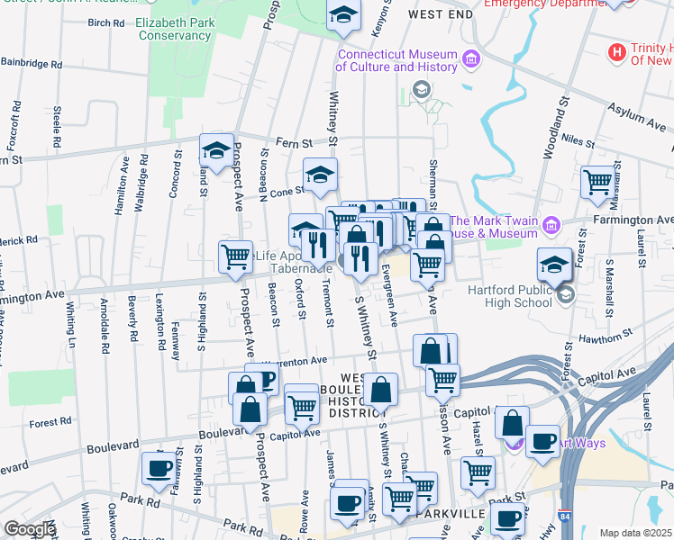 map of restaurants, bars, coffee shops, grocery stores, and more near 553 Farmington Avenue in Hartford
