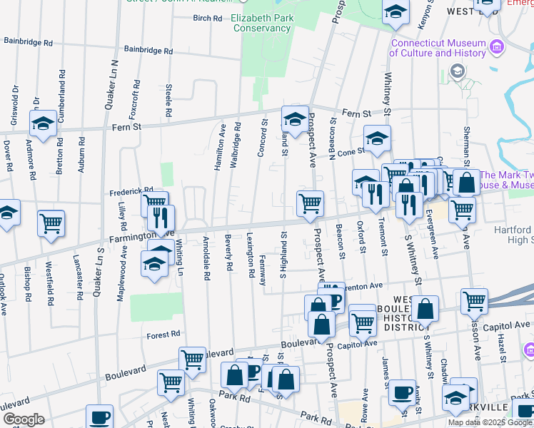 map of restaurants, bars, coffee shops, grocery stores, and more near 9 Highland Street in West Hartford