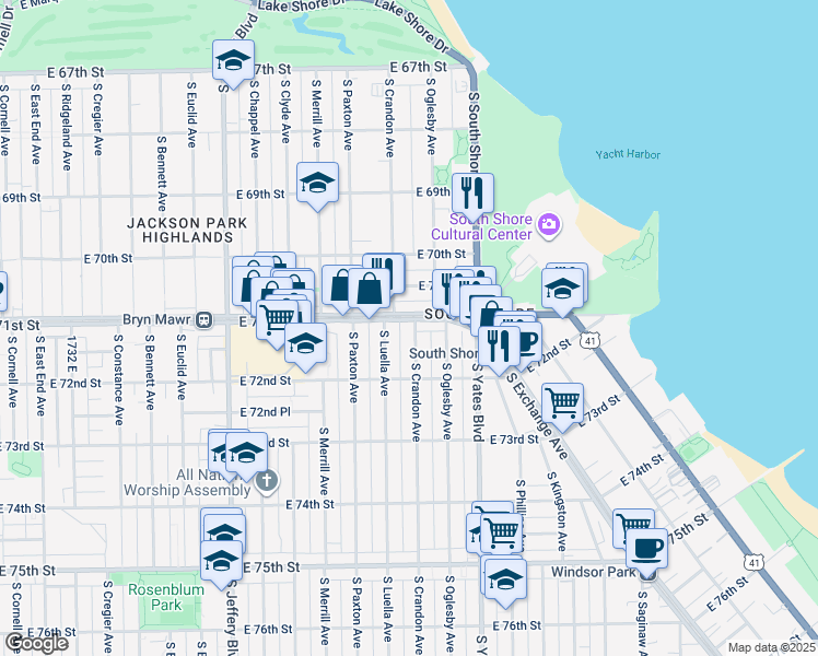 map of restaurants, bars, coffee shops, grocery stores, and more near 2311 East 71st Street in Chicago