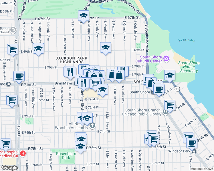 map of restaurants, bars, coffee shops, grocery stores, and more near 7104 South Merrill Avenue in Chicago