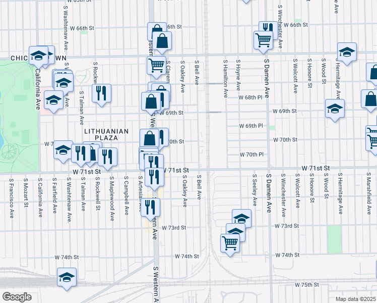 map of restaurants, bars, coffee shops, grocery stores, and more near 7014 South Oakley Avenue in Chicago