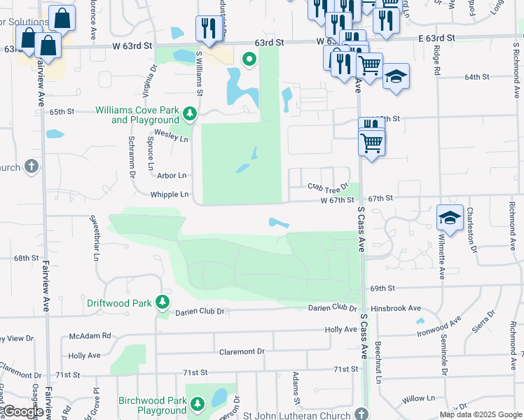 map of restaurants, bars, coffee shops, grocery stores, and more near 6704 Lake Shore Drive in Westmont