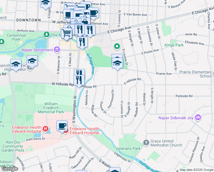 map of restaurants, bars, coffee shops, grocery stores, and more near in Naperville