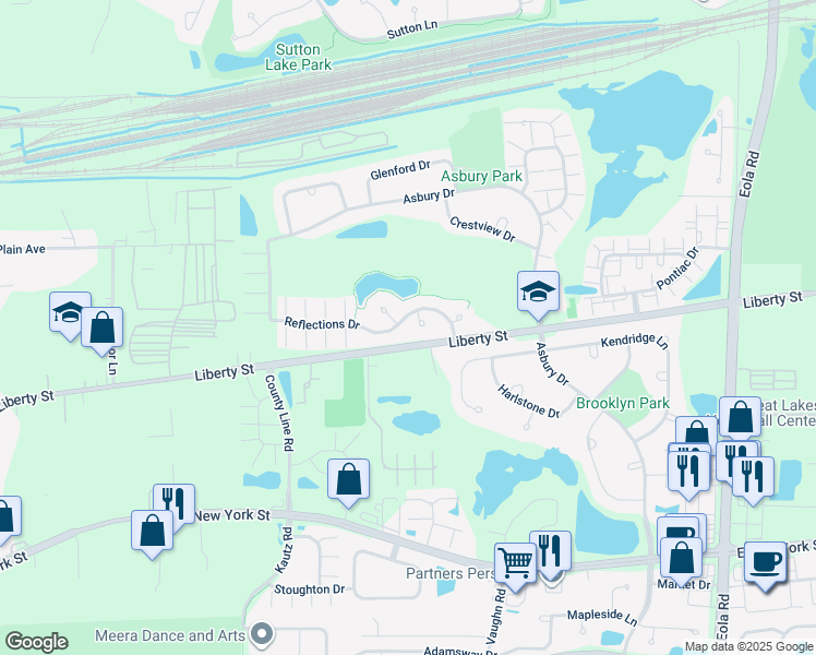 map of restaurants, bars, coffee shops, grocery stores, and more near 2423 Reflections Drive in Aurora