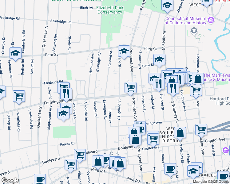 map of restaurants, bars, coffee shops, grocery stores, and more near 9 Highland Street in West Hartford