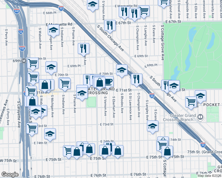 map of restaurants, bars, coffee shops, grocery stores, and more near 7055 South Vernon Avenue in Chicago