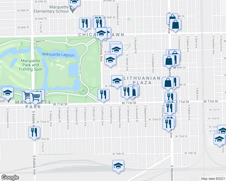 map of restaurants, bars, coffee shops, grocery stores, and more near 7027 South Fairfield Avenue in Chicago