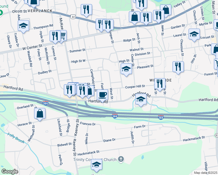 map of restaurants, bars, coffee shops, grocery stores, and more near 133 Cooper Hill St in Manchester