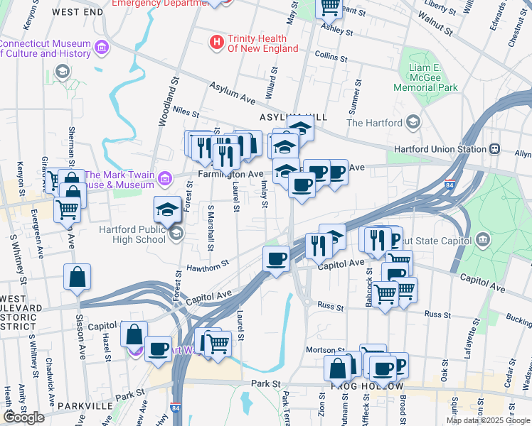map of restaurants, bars, coffee shops, grocery stores, and more near 42 Imlay Street in Hartford