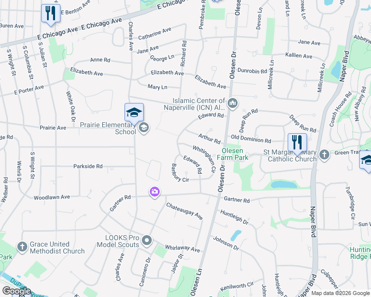 map of restaurants, bars, coffee shops, grocery stores, and more near 1219 Whitingham Circle in Naperville