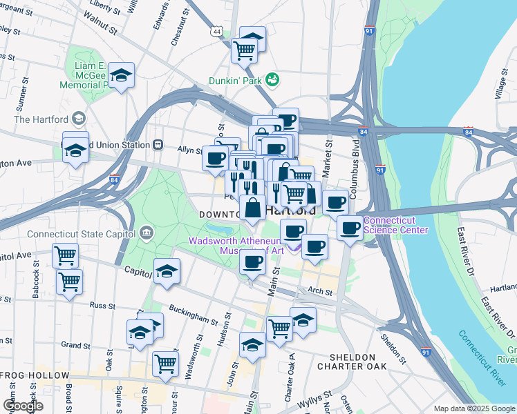 map of restaurants, bars, coffee shops, grocery stores, and more near 111 Pearl Street in Hartford