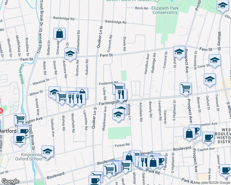 map of restaurants, bars, coffee shops, grocery stores, and more near 28 Walkley Road in West Hartford