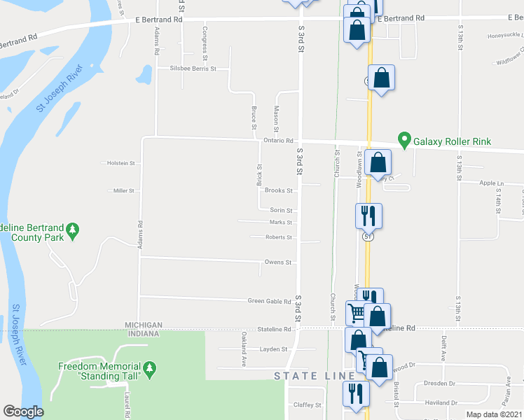 map of restaurants, bars, coffee shops, grocery stores, and more near 201 Sorin Street in Niles
