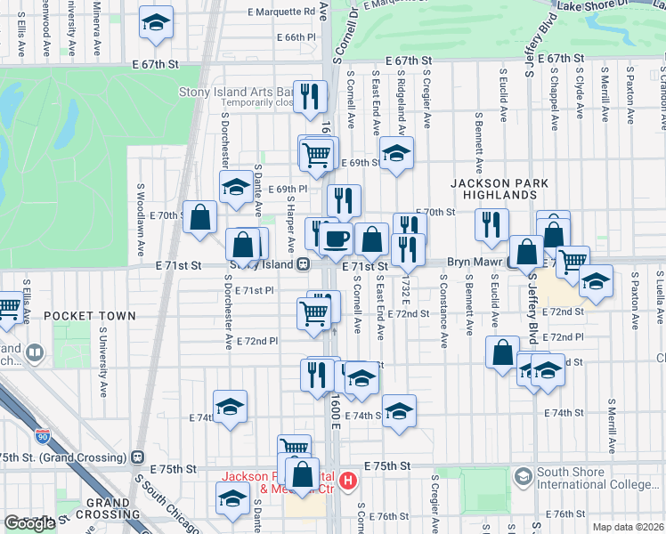 map of restaurants, bars, coffee shops, grocery stores, and more near S Stony Island Ave & E 71st St in Chicago