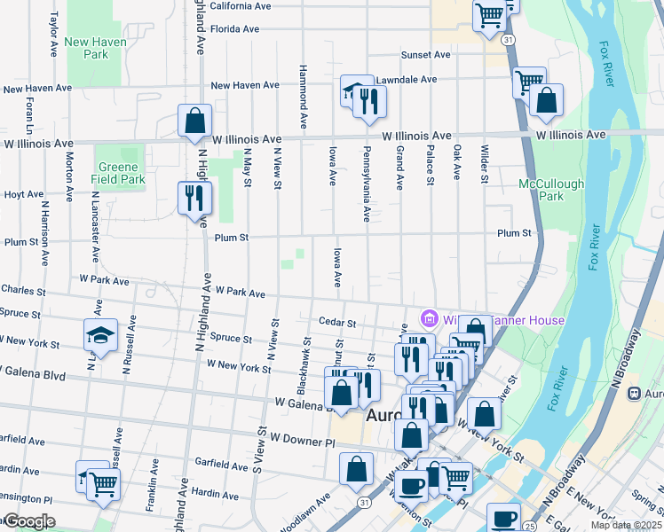 map of restaurants, bars, coffee shops, grocery stores, and more near 432 Iowa Avenue in Aurora