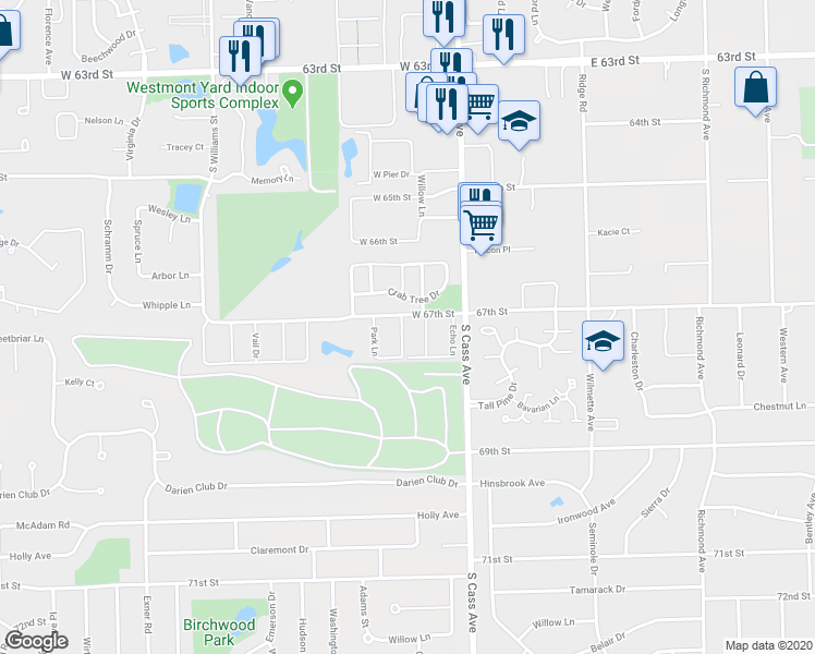 map of restaurants, bars, coffee shops, grocery stores, and more near 6705 Alpine Lane in Westmont