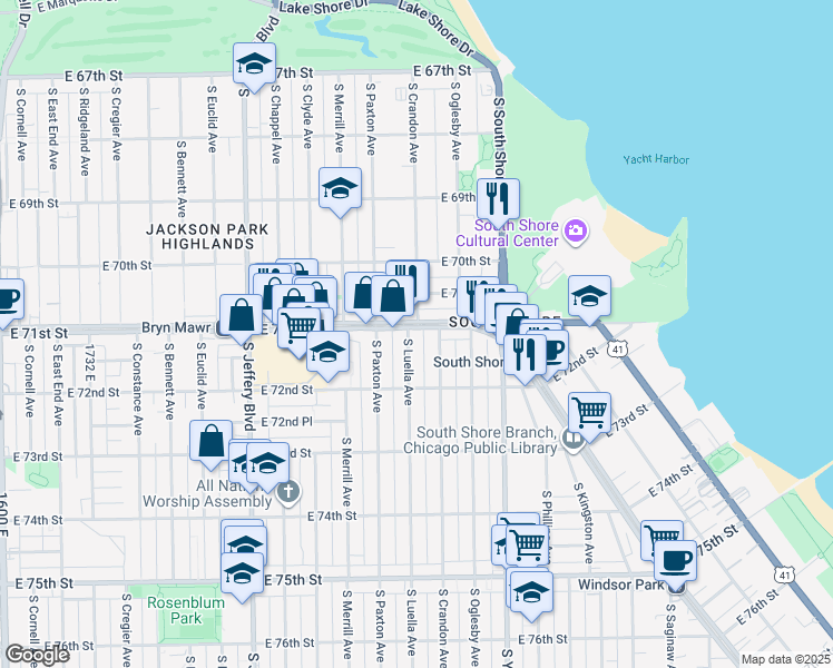 map of restaurants, bars, coffee shops, grocery stores, and more near 2235 East 71st Street in Chicago