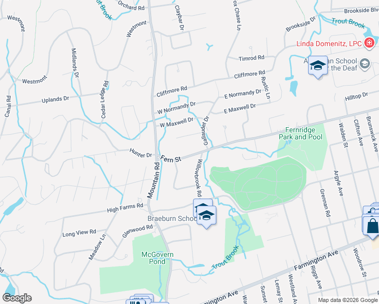 map of restaurants, bars, coffee shops, grocery stores, and more near 672 Fern Street in West Hartford