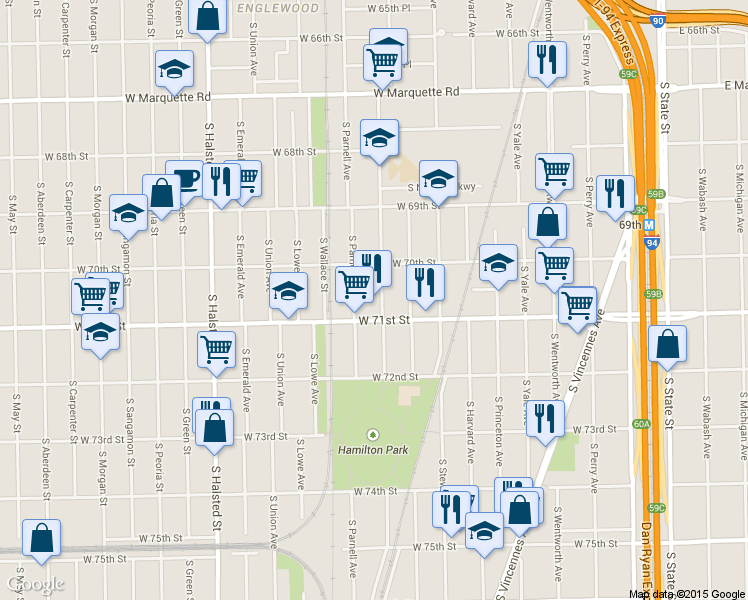 map of restaurants, bars, coffee shops, grocery stores, and more near 7038 South Normal Boulevard in Chicago
