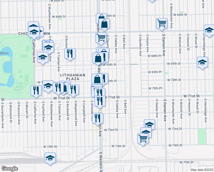 map of restaurants, bars, coffee shops, grocery stores, and more near 7016 South Claremont Avenue in Chicago