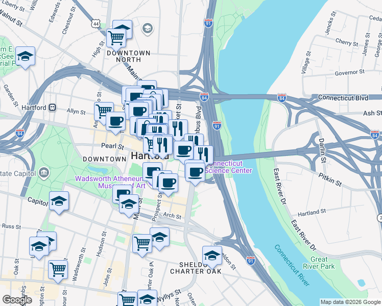 map of restaurants, bars, coffee shops, grocery stores, and more near 3 Constitution Plaza in Hartford