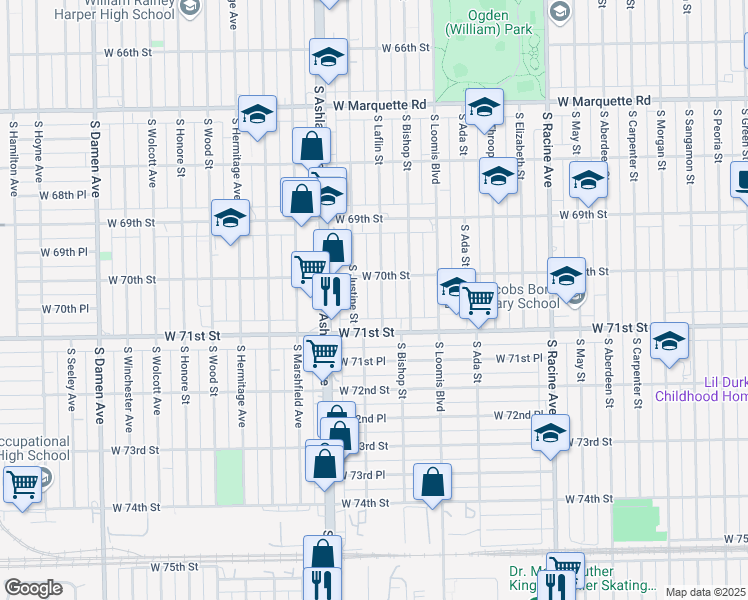 map of restaurants, bars, coffee shops, grocery stores, and more near 7024 S Laflin St in Chicago