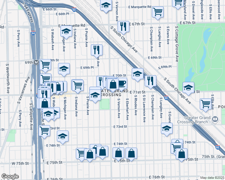 map of restaurants, bars, coffee shops, grocery stores, and more near 7053 South King Drive in Chicago
