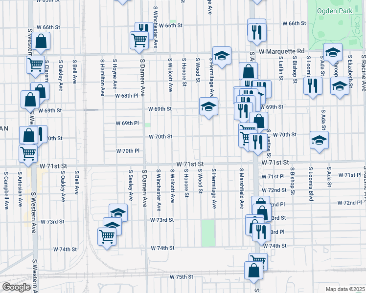 map of restaurants, bars, coffee shops, grocery stores, and more near 7020 South Honore Street in Chicago
