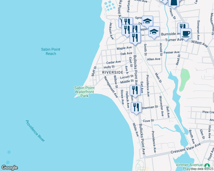 map of restaurants, bars, coffee shops, grocery stores, and more near 112 Middle St in East Providence