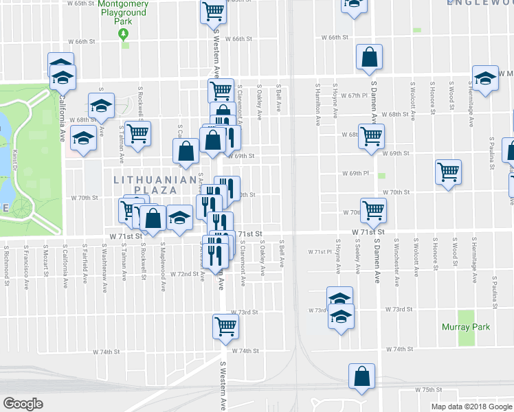 map of restaurants, bars, coffee shops, grocery stores, and more near 7014 South Oakley Avenue in Chicago