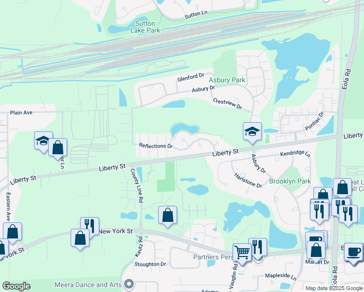 map of restaurants, bars, coffee shops, grocery stores, and more near 2368 Reflections Drive in Aurora