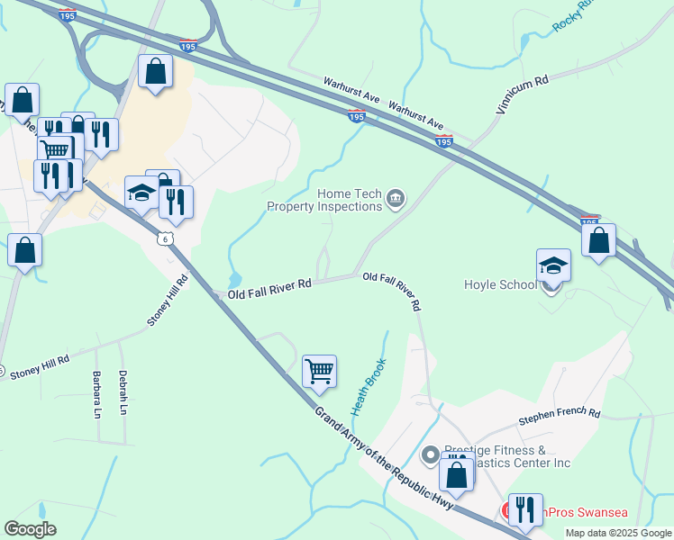 map of restaurants, bars, coffee shops, grocery stores, and more near 459 Old Fall River Road in Swansea