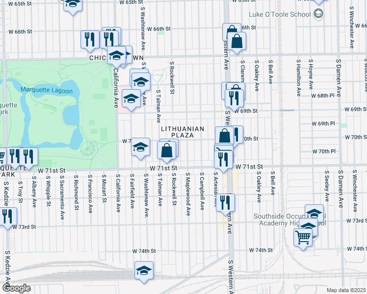 map of restaurants, bars, coffee shops, grocery stores, and more near 7012 South Maplewood Avenue in Chicago