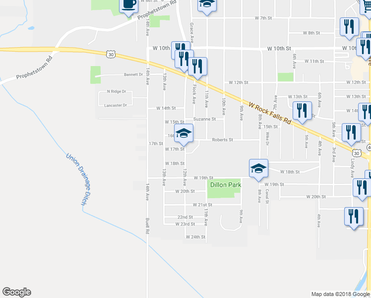 map of restaurants, bars, coffee shops, grocery stores, and more near 1701 12th Avenue in Rock Falls