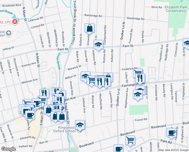 map of restaurants, bars, coffee shops, grocery stores, and more near 55 Ardmore Road in West Hartford