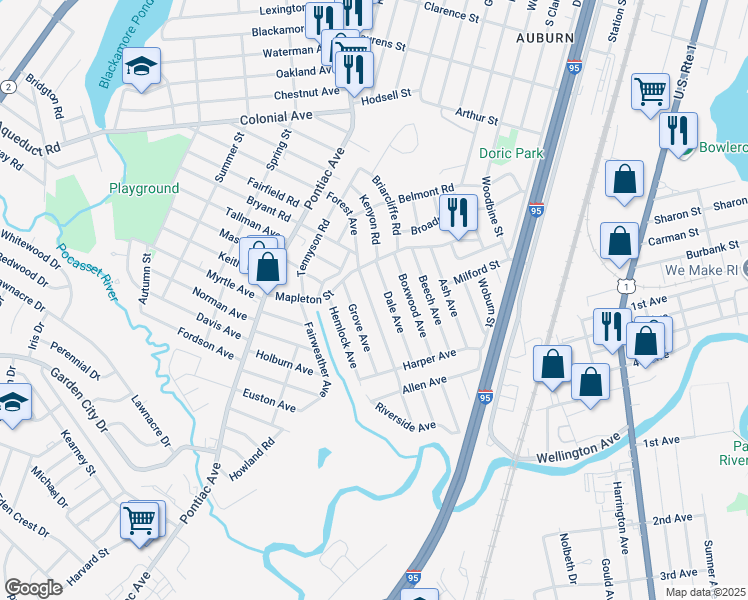 map of restaurants, bars, coffee shops, grocery stores, and more near 120 Forest Avenue in Cranston