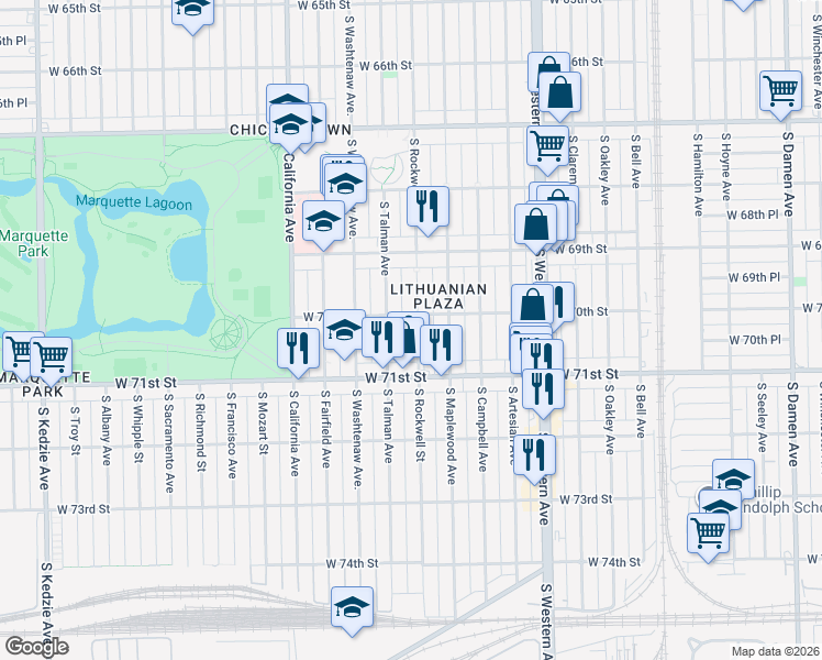 map of restaurants, bars, coffee shops, grocery stores, and more near 7012 South Rockwell Street in Chicago