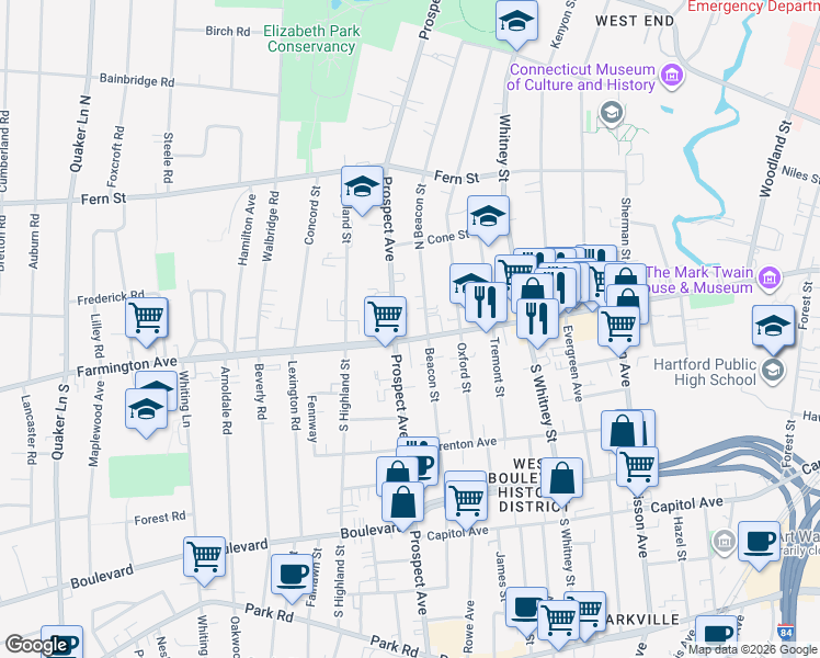 map of restaurants, bars, coffee shops, grocery stores, and more near 656 Farmington Avenue in Hartford