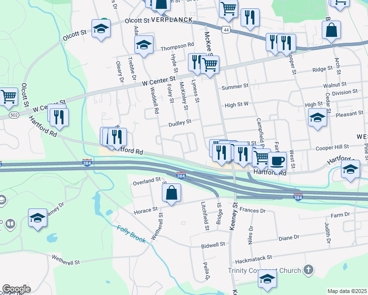 map of restaurants, bars, coffee shops, grocery stores, and more near 47 Bunce Drive in Manchester
