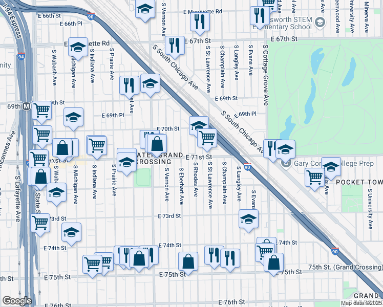 map of restaurants, bars, coffee shops, grocery stores, and more near 7056 South Rhodes Avenue in Chicago