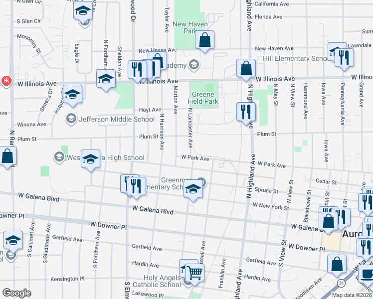map of restaurants, bars, coffee shops, grocery stores, and more near 412 N Lancaster Ave in Aurora