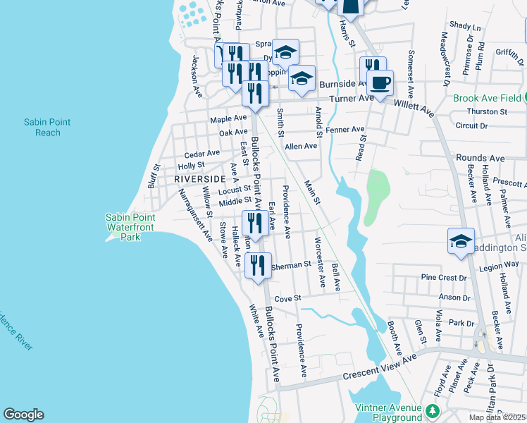 map of restaurants, bars, coffee shops, grocery stores, and more near 478 Bullocks Point Avenue in East Providence