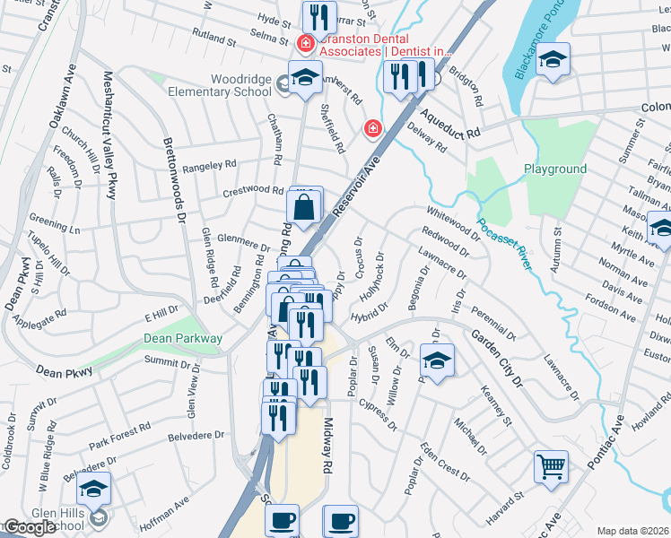 map of restaurants, bars, coffee shops, grocery stores, and more near 9 Poppy Circle in Cranston